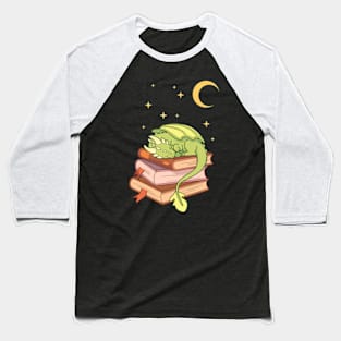 Little green dragon sleeping on a stack of books Baseball T-Shirt